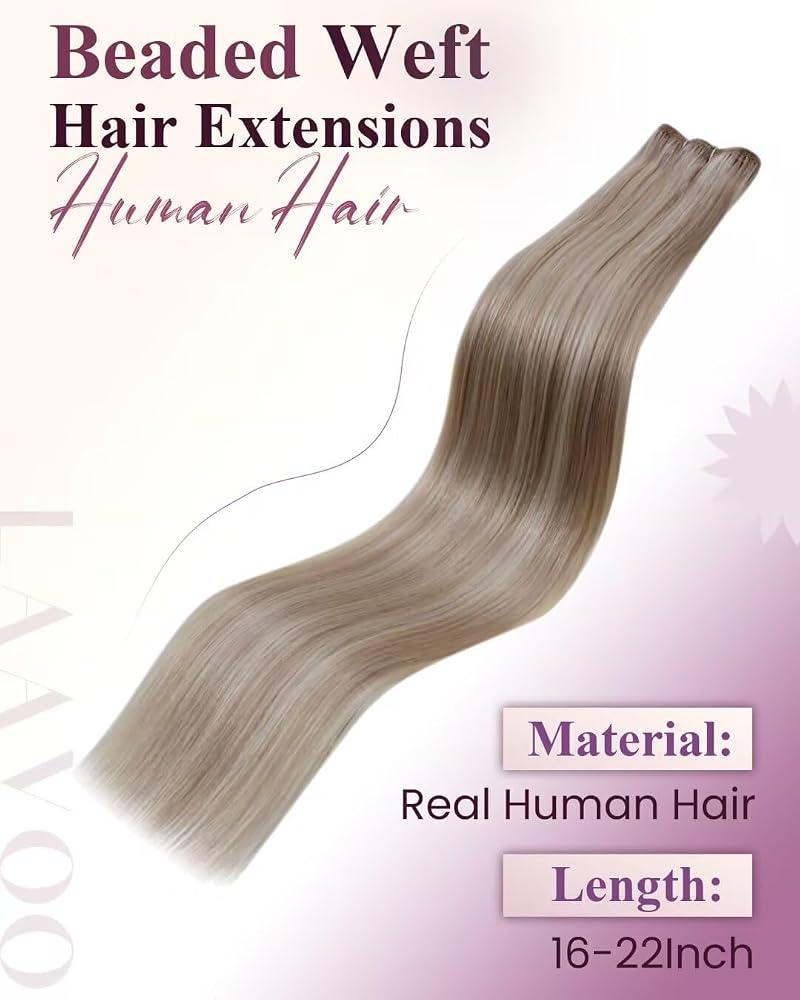 LaaVoo Beaded Weft Hair Extensions - Real Human Hair, 22in, 50g, Light Ash Blonde 613