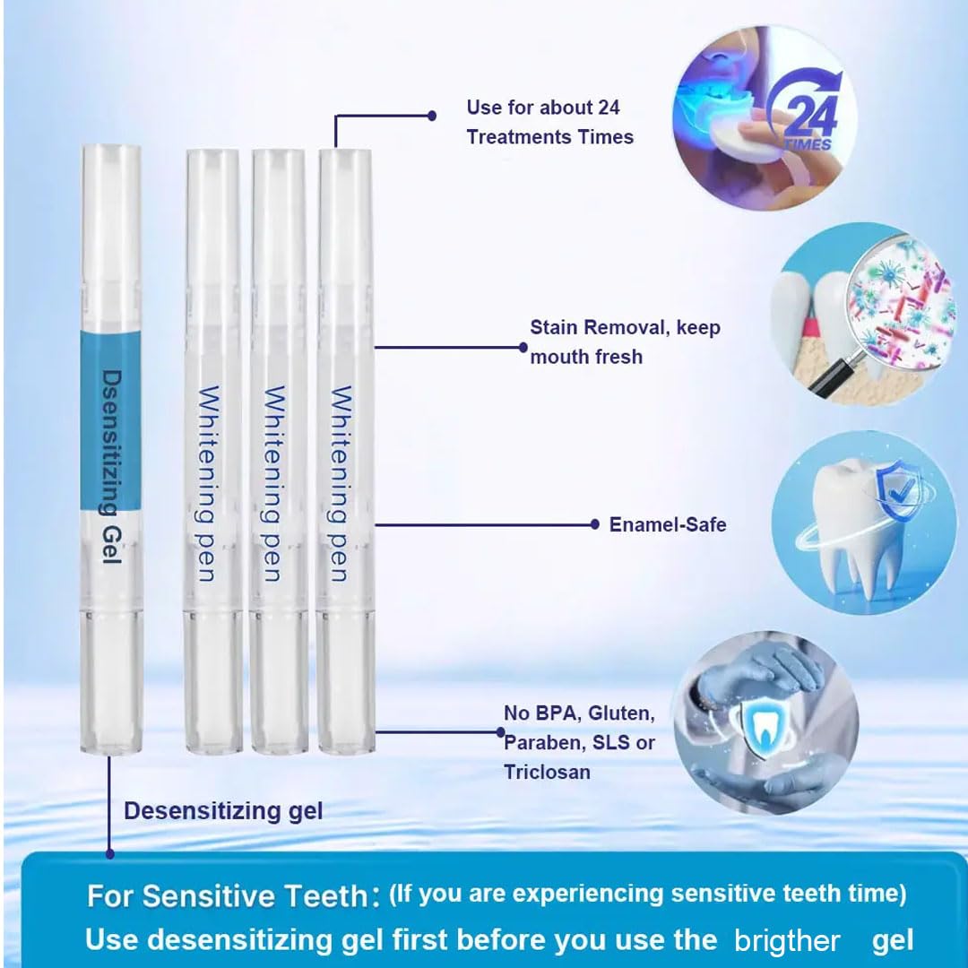 RVEYI Teeth Whitening Kit - LED Light Timer, Pro Professional for Sensitive Teeth 35% Carbamide Peroxide,4 * 3ml Gel Syringes, 1* Remineralization Gel, and Tray
