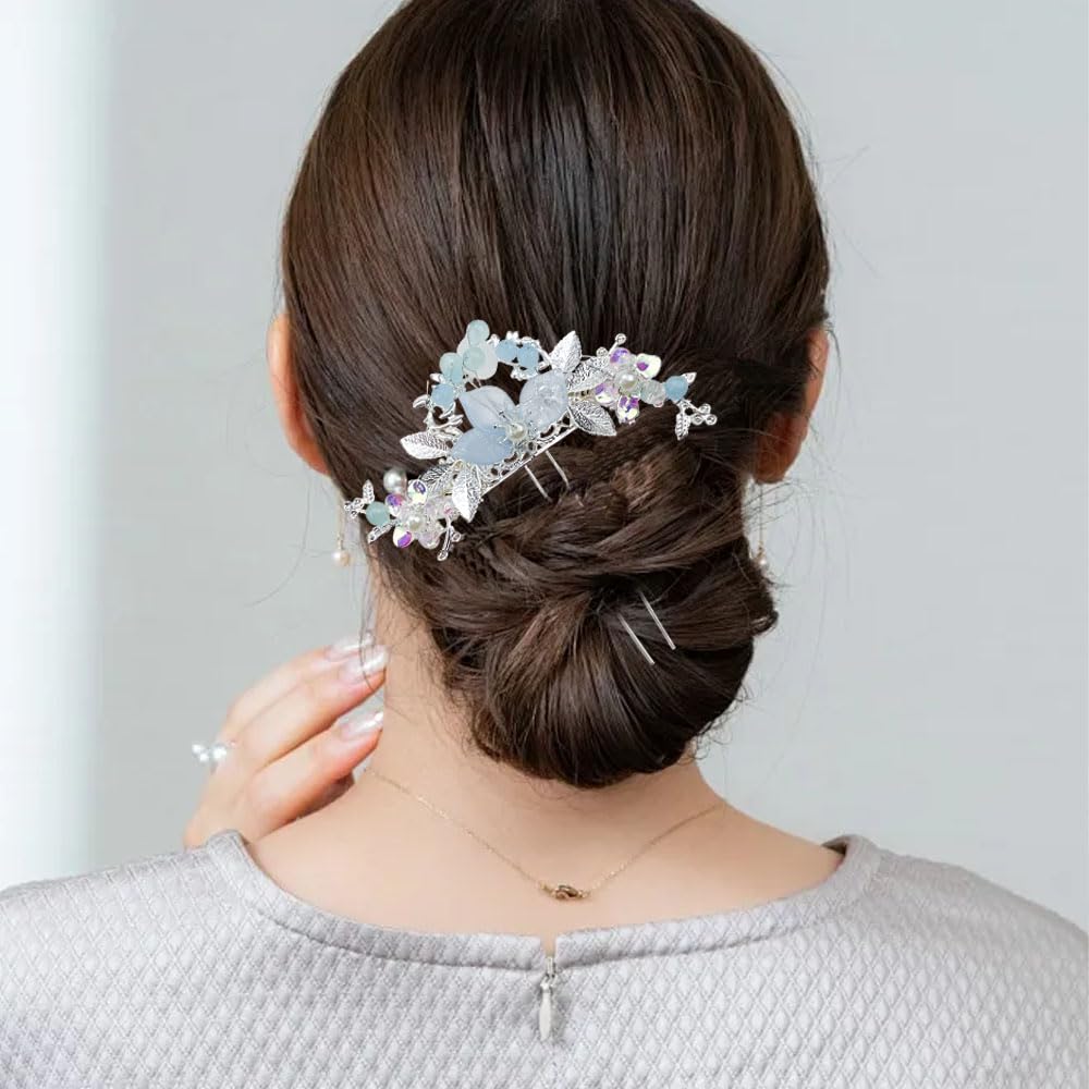 5PCS Flower Pearl Tassels Hairpin, Rhinestone Hair Clips Headpiece Vintage Chinese Hanfu Wedding Brides Hair Accessories for Women Girls Updo Long Hair