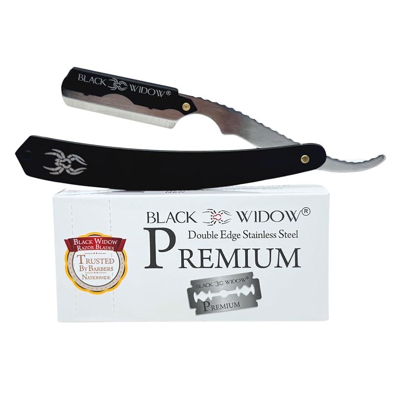 Black Widow Professional Barber Straight Edge Razor – 1.5mm Blade Exposure, 2.6 oz Stainless Steel Shavette (10 DE Blades) – Matte Black & Chrome, Swing-Lock