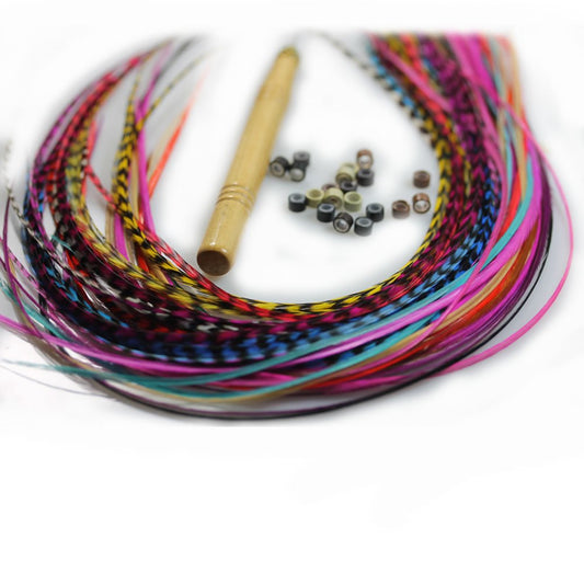 Feather Hair Extension – 100% Real Rooster Grizzly and Solid Feathers, Rainbow Colors Individual Feathers, Ranging From 8 to 11 Inches in Length, Total of 20 Feathers, Includes Beads and Loop Tool Kit