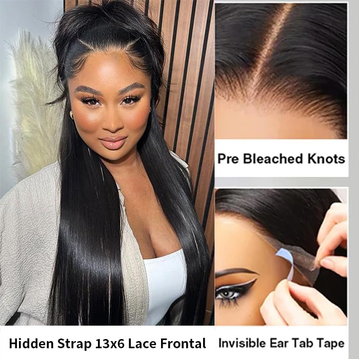 Miniask Natural Color 18 Inch Human Hair Lace Front Wigs 13x6 Glueless Straight Wig with Pre-Plucked Hairline & 180% Density