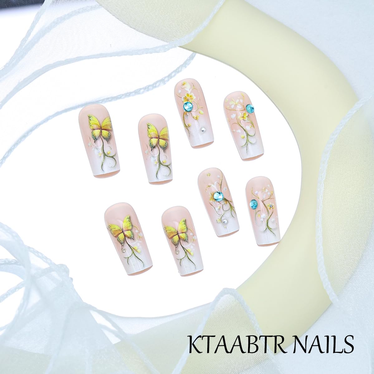 24PCS Rhinestones French Tip Press on Nails Medium Square Shape White Gradient Yellow Flower Butterfly Fake Nails with Glue Full Cover Pink Glossy False Nails for Women Manicure Decoration