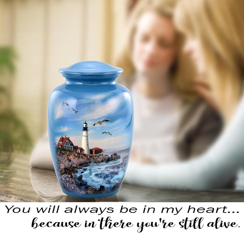 Full Size Ocean Blue Lighthouse Cremation Urn for Adults - Holds Up to 210 Lbs