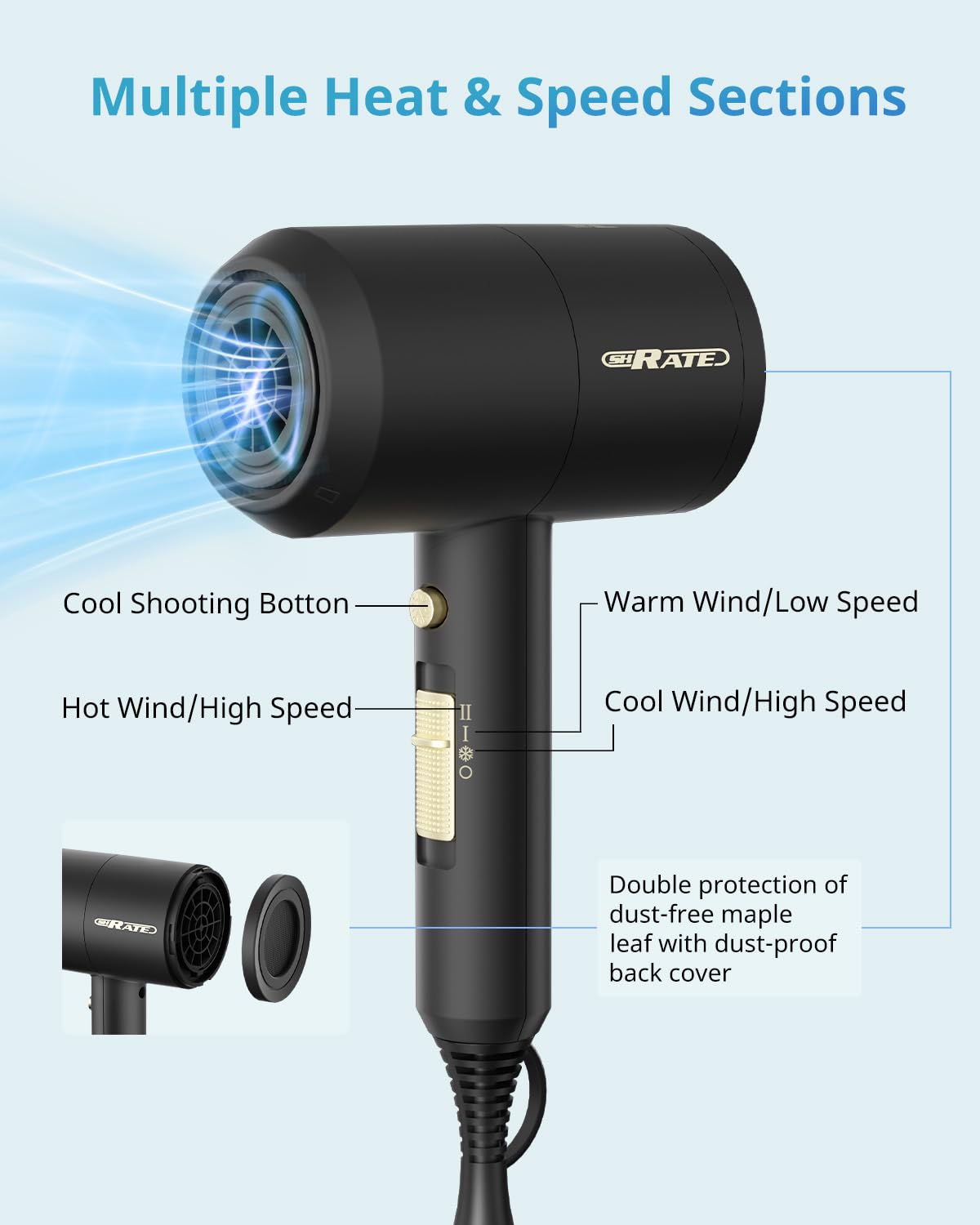 SHRATE Lightweight Ionic Hair Dryer with Diffuser - Powerful 1800W Blow Dryer for Fast Drying - Professional Low Noise Mini Hair Dryer for Travel, Gifts, Hair Styling (Black)