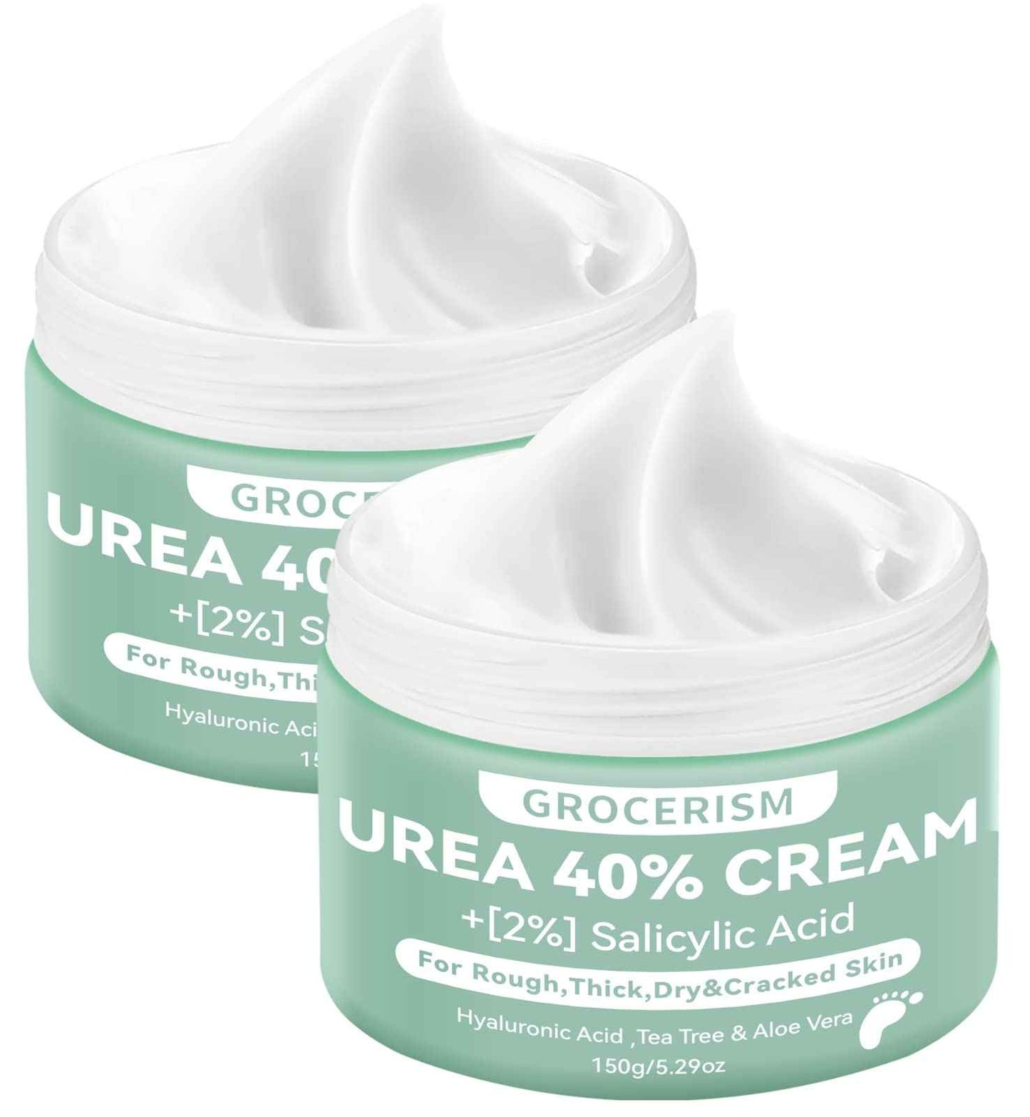 Grocerism 2 Packs Urea Cream 40% Plus 2% Salicylic Acid 5.30 oz || Foot Cream Maximum Strength with Hyaluronic Acid, Tea Tree, and Aloe Vera for Deep Moisturizes, Callus Remover and Soften