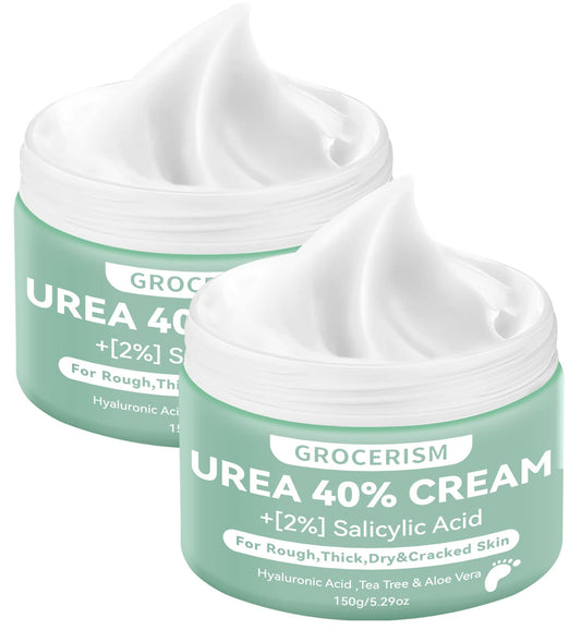 Grocerism 2 Packs Urea Cream 40% Plus 2% Salicylic Acid 5.30 oz || Foot Cream Maximum Strength with Hyaluronic Acid, Tea Tree, and Aloe Vera for Deep Moisturizes, Callus Remover and Soften