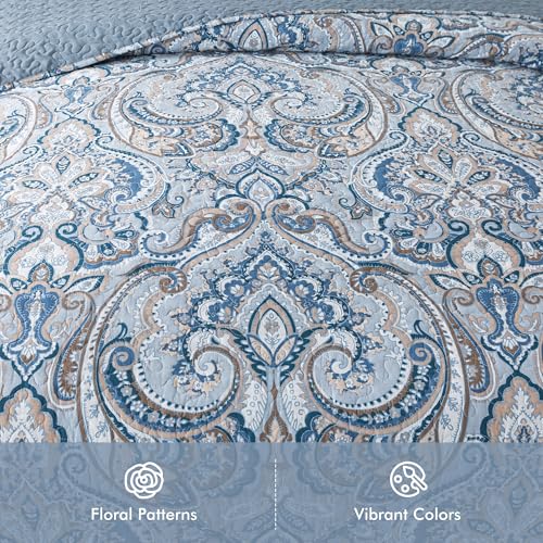 Cotton King Size Reversible Quilt Set with Pillow Shams - Blue Tan Paisley, All Season Bedspread