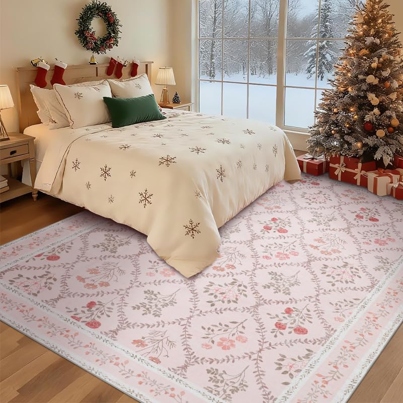 6' x 9' Pink Floral Area Rug - Washable Non-Slip Boho Carpet for Bedroom & Living Room