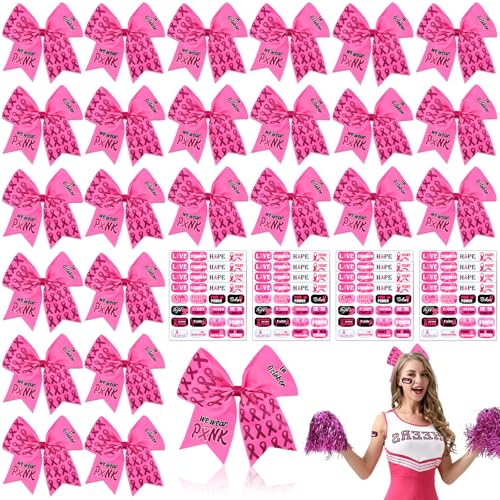 Rose Pink Breast Cancer Awareness Cheer Bows Set with Tattoos - Glitter Pink