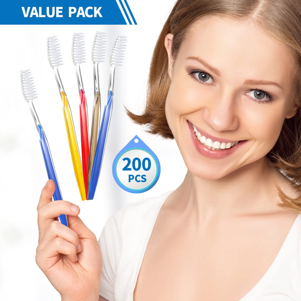YOUKE OLA 200 Disposable Toothbrushes Individually Packaged Multi Color Pack Affordable Bulk Pack of Disposable Manual Tooth Brush Perfect for Hotel, Guest, Camping, Travel, Giveaways | Medium