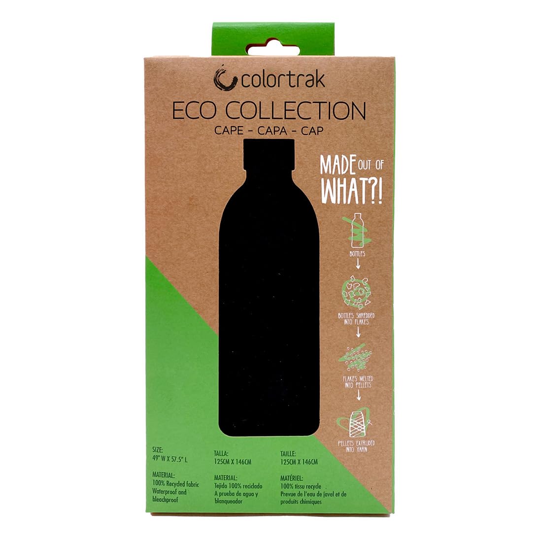 Colortrak Eco Collection All-Purpose Cutting/Styling Cape, 57.5” L x 49” W, Waterproof and Bleach-proof, Made out of 100% Recycled Fabric, Black Color