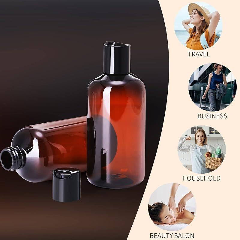 Zubebe 36 Pcs 8 oz Brown Plastic Travel Bottles – Refillable PET Shampoo/Lotion Containers, Disc Cap, Leakproof
