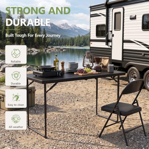 4FT Portable Folding Table with Adjustable Height & Steel Legs - Heavy Duty Plastic Surface for Indoor & Outdoor Use