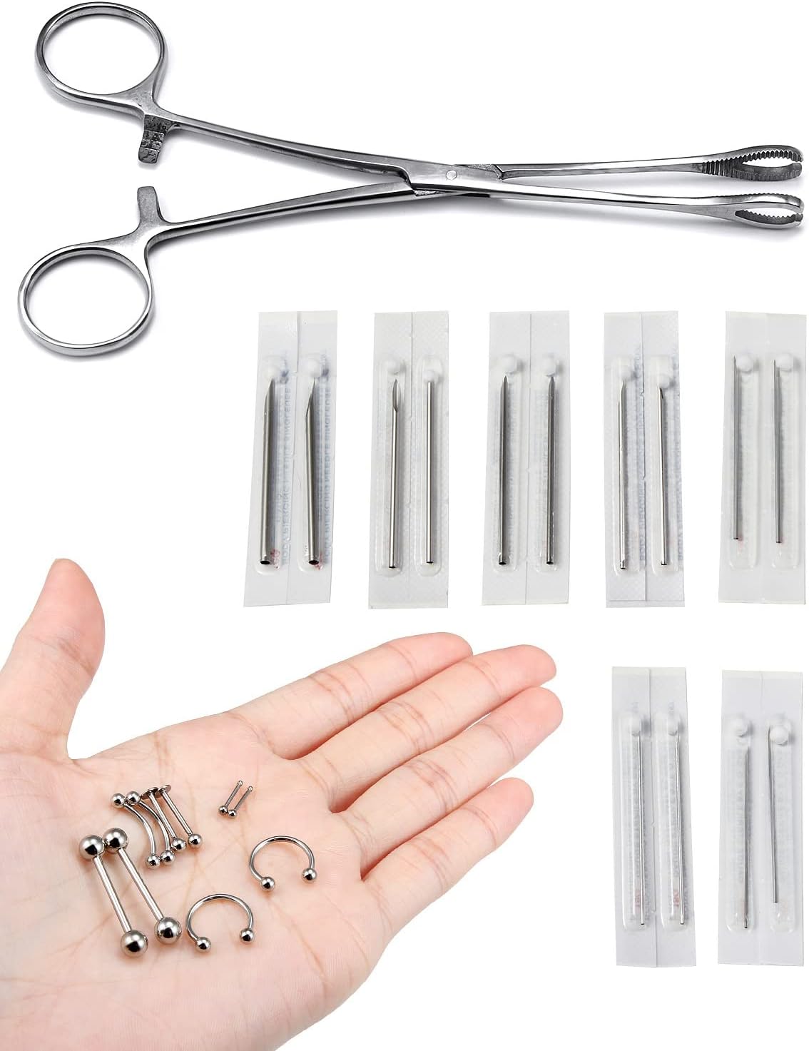 316L Surgical Steel Body Piercing Tools Kit - 9 Styles for Nose, Septum, Lip, Tongue & More