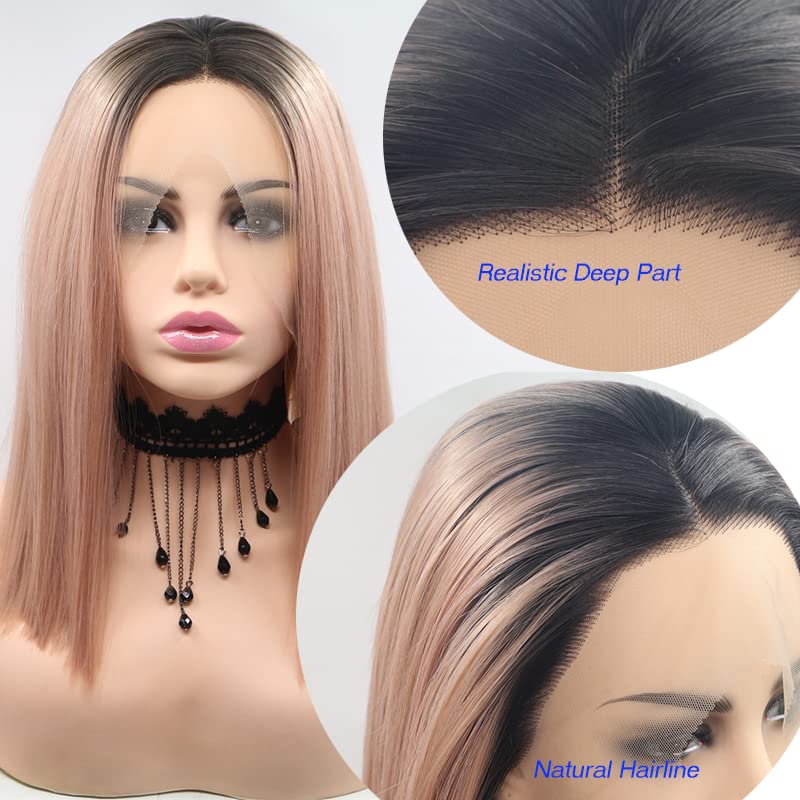 Pink Lace Front Wig 16 Inch Short Straight Peach Ombre Wigs for Women & Drag Halloween