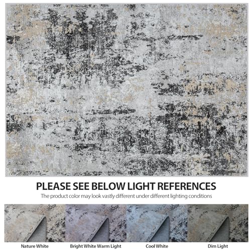 Black Grey and Gold 8x10 Washable Area Rug for Living Room and Bedroom - Non-Slip, Durable, Abstract Design