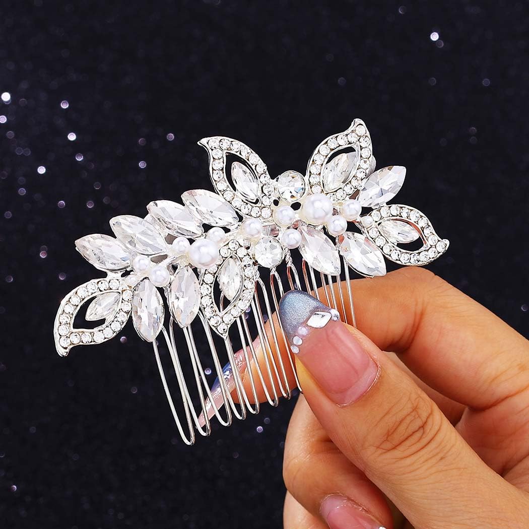 Bessney Silver Crystal Bridal Hair Comb Pearl Wedding Hair Piece Rhinestone Hair Accessories for Women