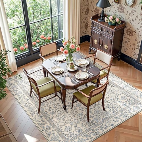Blue/Cream 5x7 Washable Vintage Floral Area Rug for Living Room - Jinchan