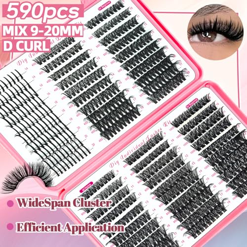 DIY Eyelash Extensions Kit with Spike Lash Cluster 802Pcs D Curl Wispy Individual Lashes Kit with Lash Bond and Seal,Quick Glue Remover Tweezers Eyelash Brush Mini Applicator