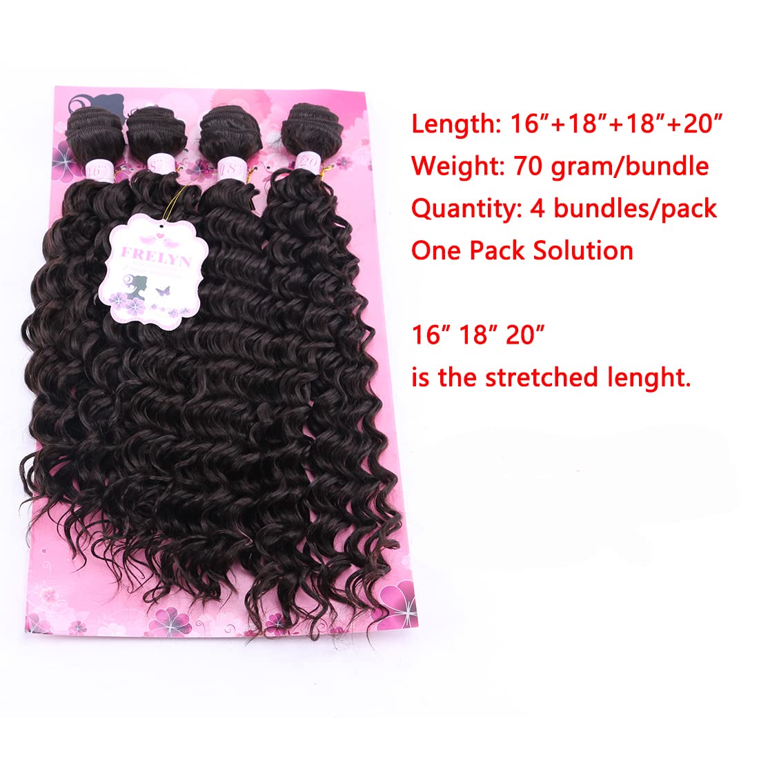 FRELYN Deep Wave Curly Synthetic Hair Weave Bundles - Black, 16-20 Inches, 4 Pack