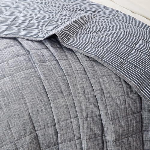 Denim Blue Navy Twin Quilt Set with Shams - 2 Piece Cotton Bedding, Reversible