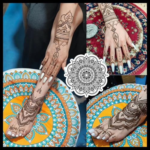 Temporary Tattoos Kit, 6Pcs Semi Permanent Tattoo Paste Cones, India Body DIY Art Painting for Women Men Teens,Summer Trend Freehand Plaste with 3 Colors,20Pcs Adhesive Stencil,1Pc Bottle,4Pcs Nozzles