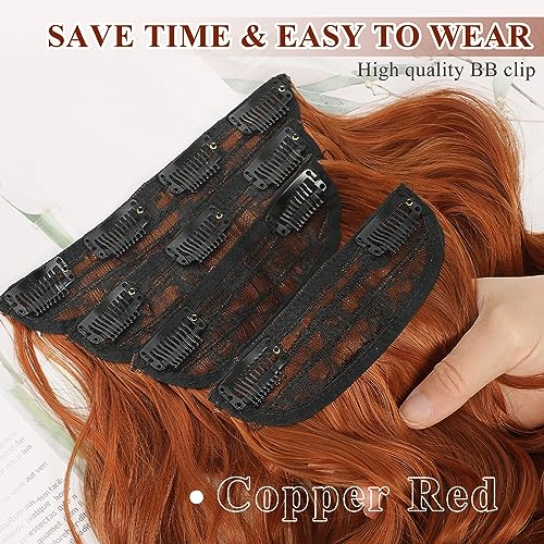 24-Inch Red Clip-In Hair Extensions Long Wavy Synthetic Hair for Women - Copper Red Variation