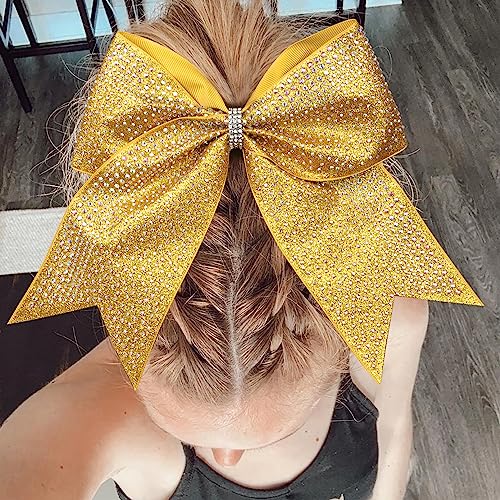 Cheerleader Hair Bows 6-Pack 8 Inch Glitter Gold Rhinestone Cheer Hair Accessories for Girls - Variation: Glitter Gold + Full Rhinestone