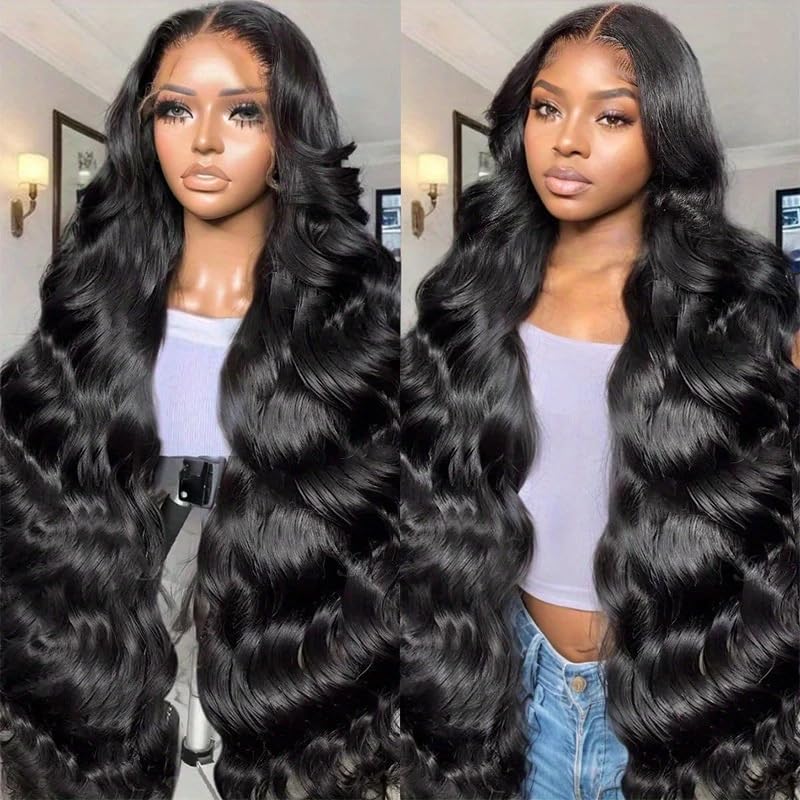 PINKEAGLE 34 Inch 13x6 Lace Front Wigs Human Hair 200% Density Body Wave HD Lace Front Wigs Human Hair Pre Plucked Glueless 13x6 Full Frontal Wig for Women Natural Black