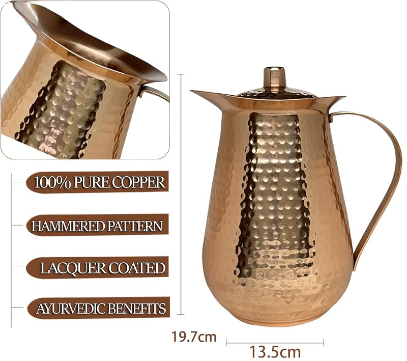 70 Ounces Bold & Divine Pure Copper Pitcher with Lid – Hammered Jug for Water & Beverages