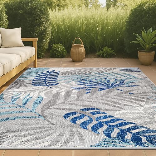 Indoor Outdoor Palm Leaf Area Rug - Gray Blue 5'3 x 7'7 Variation