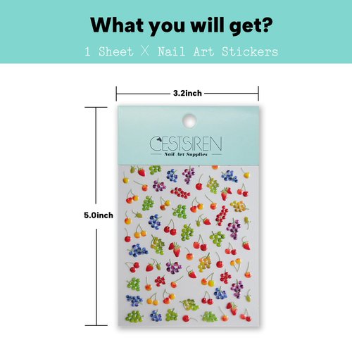 CESTSIREN Cute Fruit Nail Art Stickers, Embossed Cherry Grape Nail Decals, Nail Art Design, Self-Adhesive, Nail Accessories for Women, Nail Art Supplies