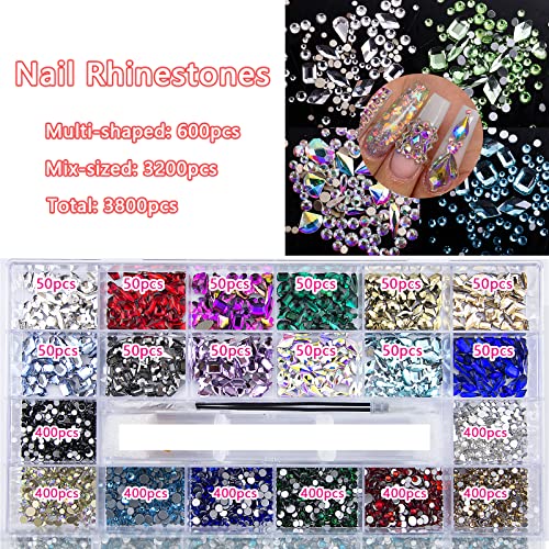 Tatiwoo S2 3800 Pcs Colorful Rhinestones for Nails Multi-Shaped & Sized Nail Art Crystals