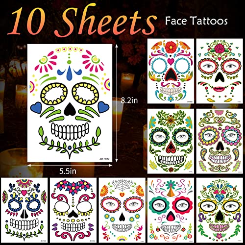 Day of the Dead Face Tattoos, Halloween Temporary Tattoo 10 Pack Dia de Los Muertos Skeleton Makeup Kit Catrina Red Rose Sugar Skull Full Face Stickers for Women Kids Halloween Accessories and Parties