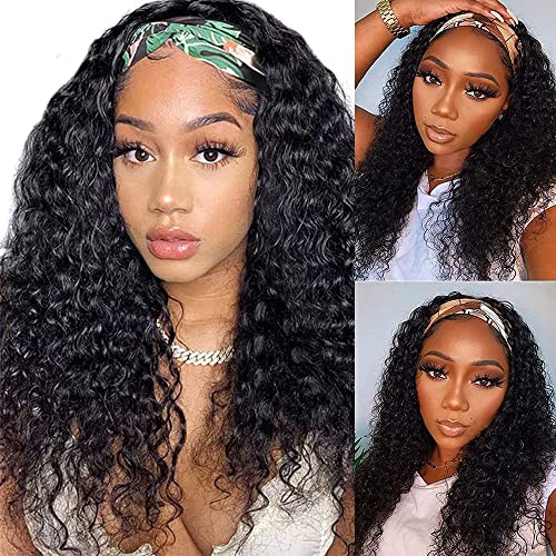 Natural Color 20 Inch Deep Wave Brazilian Human Hair Headband Wig for Black Women