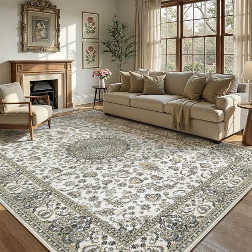 Zomfy Beige Brown 8x10 Vintage Floral Area Rug Non-Slip Washable Carpet for Living Room