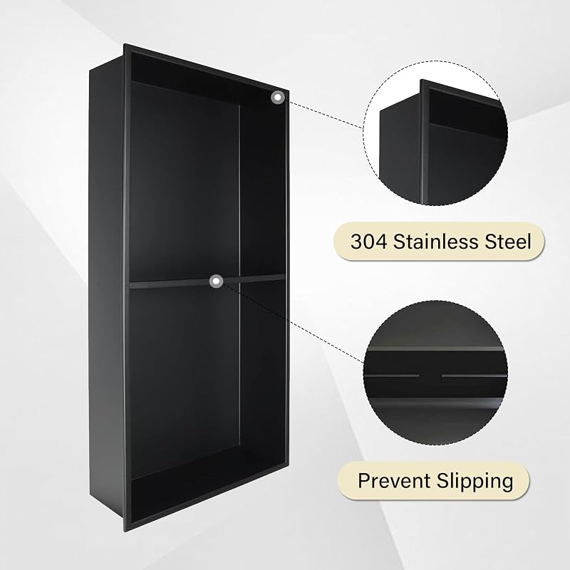 Matte Black 24X12 Stainless Steel Shower Niche - 2-Tier Wall Shelf (Matte Black 12W X 24H) - No Tile