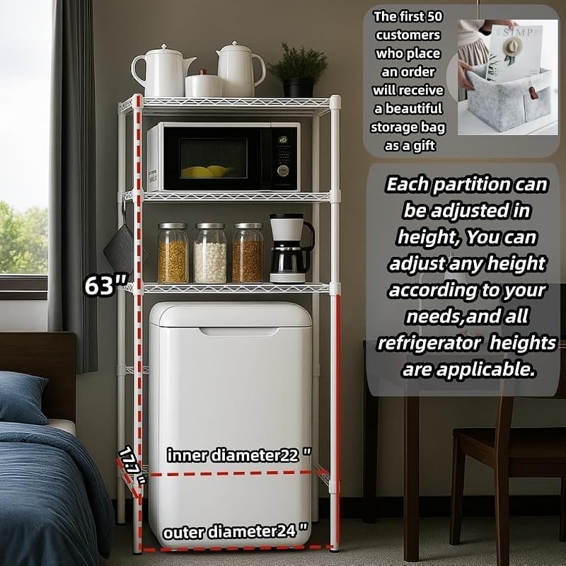 Dorm Mini Fridge Stand with Storage, 24"L x 17.7"W x 63"H, White – Over-Fridge Shelf & Multi-Functional Storage Rack