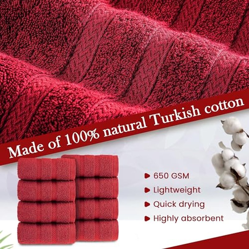 HALLEY Turkish 8 Pack Premium Washcloths (8 Pieces) 650 GSM Highly Absorbent Super Soft 100% Cotton - 8 Washcloths (Red)