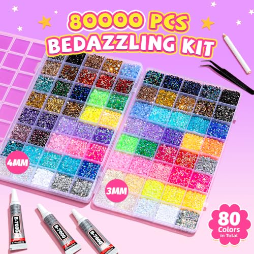 80,000 Rhinestones Bedazzling Kit with 2 Sizes & 80 Colors for Jewelry & Nail Art