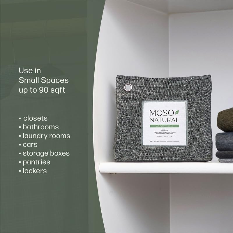 MOSO NATURAL 300g Charcoal Air Purifying Bags Pack of 5 - Odor Absorber for Closets, Bathrooms & Small Spaces