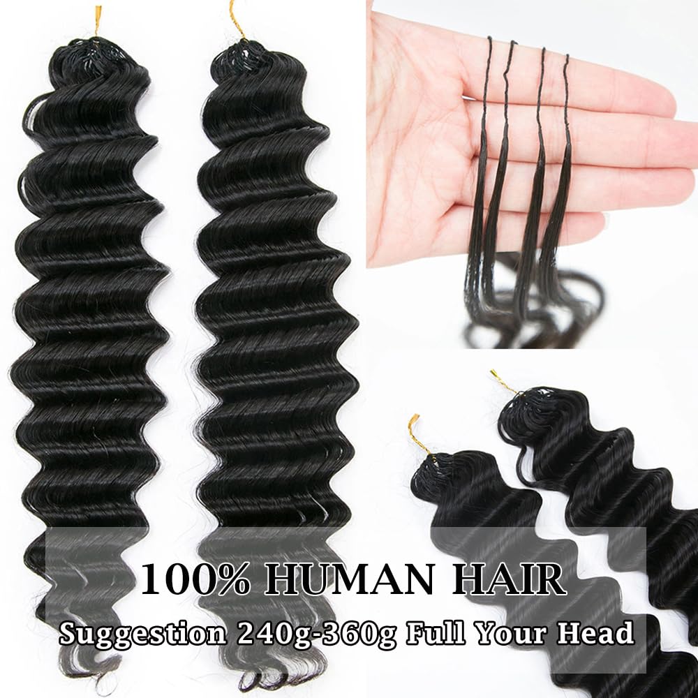 Ssawhair Deep Wave Crochet Human Hair Knotless Pre-Separated Deep Curly Human Hair With String Pre-Looped Reusable Feather Crochet Hair Extensions 20Inch 60g 50Strands