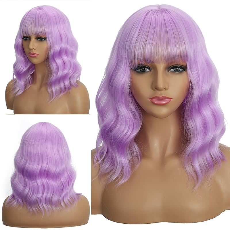 Purple 14-Inch Wavy Bob Wig with Bangs for Women – Heat-Resistant Synthetic Cosplay