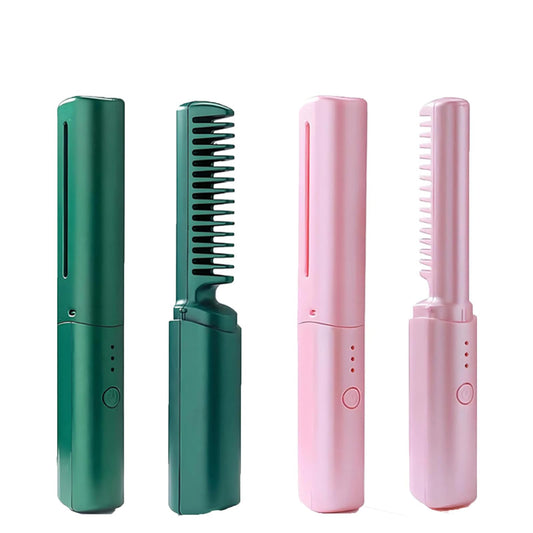 Latest Hairdressing Comb, 2025 Ceramic Hair Dressing Comb, Hairdressing Combs, Rechargeable Mini Hair Straightener, 2-in-1 Portable Curling (Green + Pink)