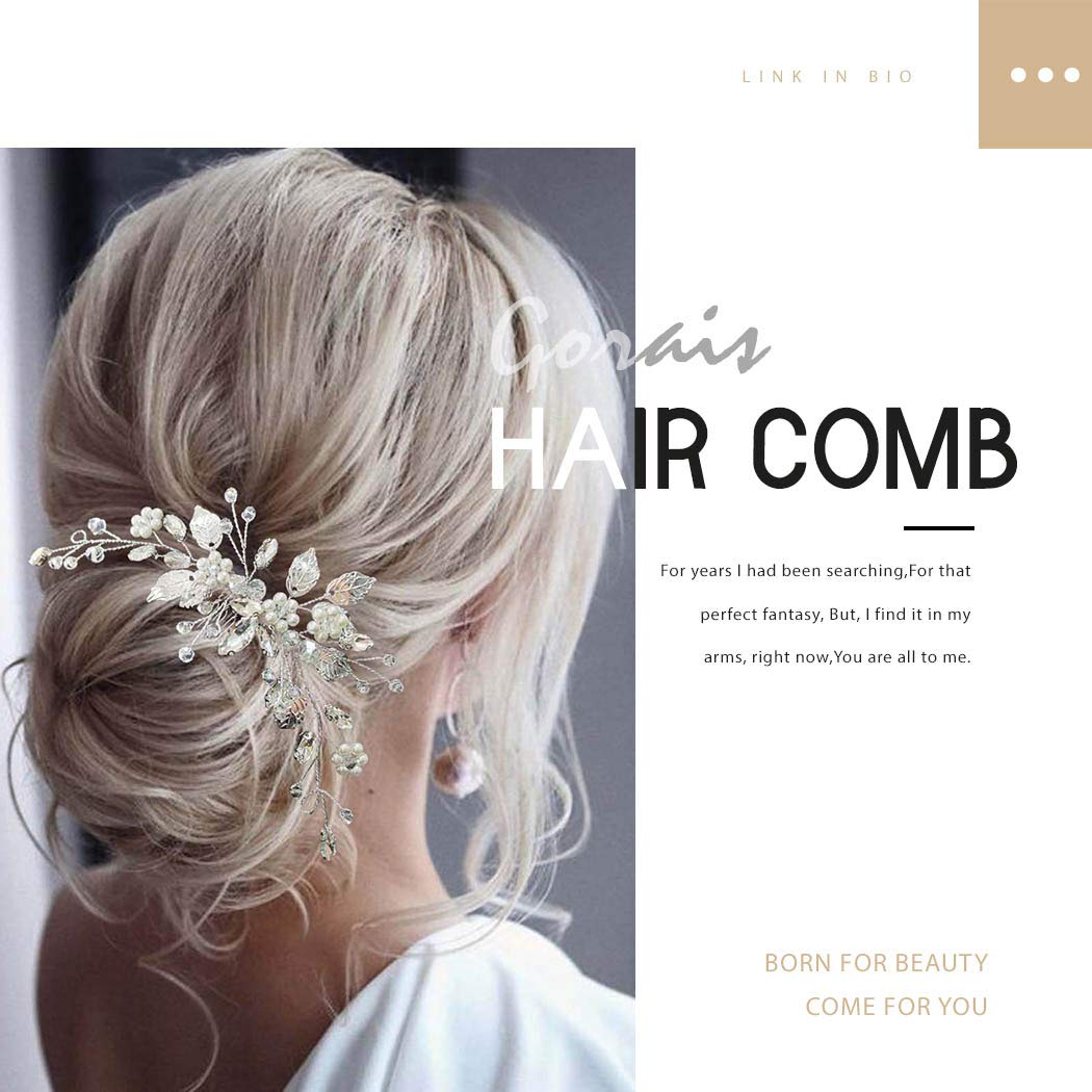 Gorais Leaf Bride Wedding Hair Comb Pearl Bridal Hair Piece Crystal Side Comb Hair Accessories for Women and Girls