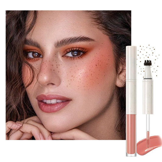 Freckle Blush Pen,2 in 1 Double-ended Waterproof Long Lasting Ultra-Blendable Quick Dry Coffee Freckle Stamp Pencil and Orange Liquid Blush for Natural Face Makeup,Vegan & Cruelty -free