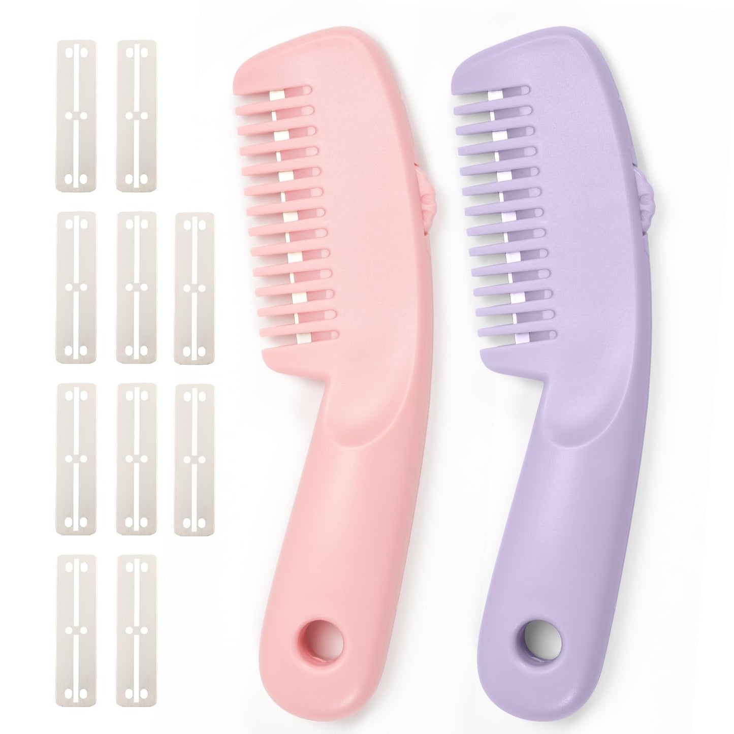 Razor Combs for Hair Cutting Women, 2 Pack Hairs Thinning Comb with 10 Pieces Blades, Split End Trimmer for Thick Hair (Purple and Pink)