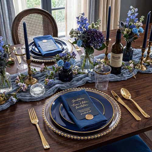 KIRE 350Pcs Blue and Gold Disposable Dinnerware Set - Heavy Duty Plates, Cups, Napkins & Silverware for Parties