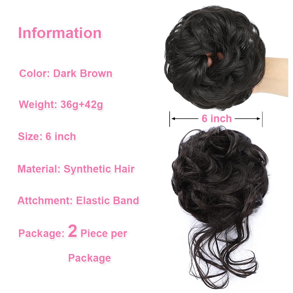 YOLANFAIRY 2PCS Messy Bun Hair Piece Wavy Curly Tousled Updo Hair Buns Synthetic Chignon Elastic Hair Band Fake Bun Hair Pieces for Women (Dark Brown, 2PCS Diverse)